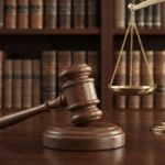 Δικαστικό σφυρί και ζυγαριά δικαιοσύνης σε νομική βιβλιοθήκη, συμβολίζοντας την απόφαση ΑΠ για τους περιορισμούς εξουσίας διαχειριστή ΟΕ.