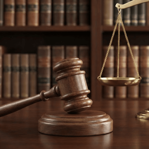 Δικαστικό σφυρί και ζυγαριά δικαιοσύνης σε νομική βιβλιοθήκη, συμβολίζοντας την απόφαση ΑΠ για τους περιορισμούς εξουσίας διαχειριστή ΟΕ.