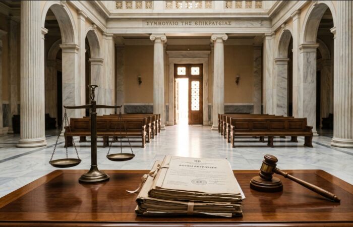 Εσωτερικό Συμβουλίου της Επικρατείας με ζυγαριά δικαιοσύνης και σφυρί, συμβολίζοντας την πρόσβαση στη δικαιοσύνη βάσει του ΕΔΔΑ