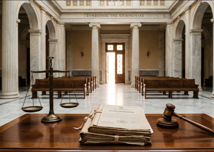 Εσωτερικό Συμβουλίου της Επικρατείας με ζυγαριά δικαιοσύνης και σφυρί, συμβολίζοντας την πρόσβαση στη δικαιοσύνη βάσει του ΕΔΔΑ