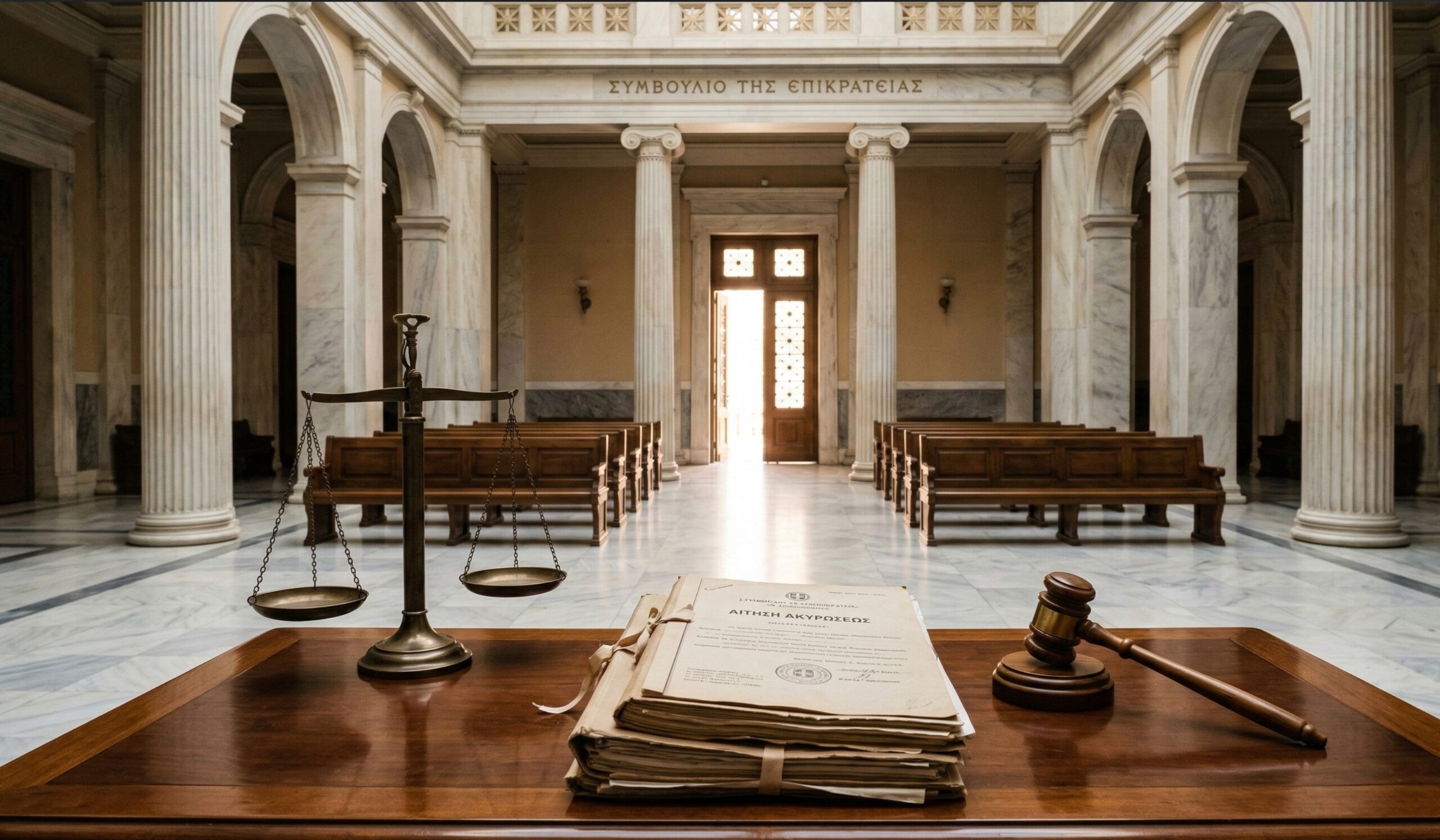 Εσωτερικό Συμβουλίου της Επικρατείας με ζυγαριά δικαιοσύνης και σφυρί, συμβολίζοντας την πρόσβαση στη δικαιοσύνη βάσει του ΕΔΔΑ