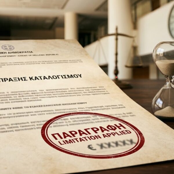 Επίσημο νομικό έγγραφο ακύρωσης πράξης καταλογισμού με έντονη κόκκινη σφραγίδα που αναγράφει "ΠΑΡΑΓΡΑΦΗ". Δίπλα στο έγγραφο βρίσκεται μια κλεψύδρα και στο φόντο η ζυγαριά της δικαιοσύνης, συμβολίζοντας τη λήξη της προθεσμίας των αξιώσεων του Δημοσίου.