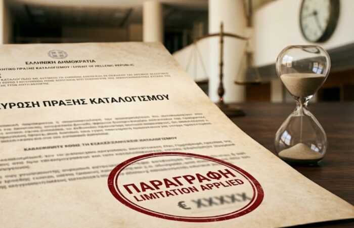 Επίσημο νομικό έγγραφο ακύρωσης πράξης καταλογισμού με έντονη κόκκινη σφραγίδα που αναγράφει "ΠΑΡΑΓΡΑΦΗ". Δίπλα στο έγγραφο βρίσκεται μια κλεψύδρα και στο φόντο η ζυγαριά της δικαιοσύνης, συμβολίζοντας τη λήξη της προθεσμίας των αξιώσεων του Δημοσίου.
