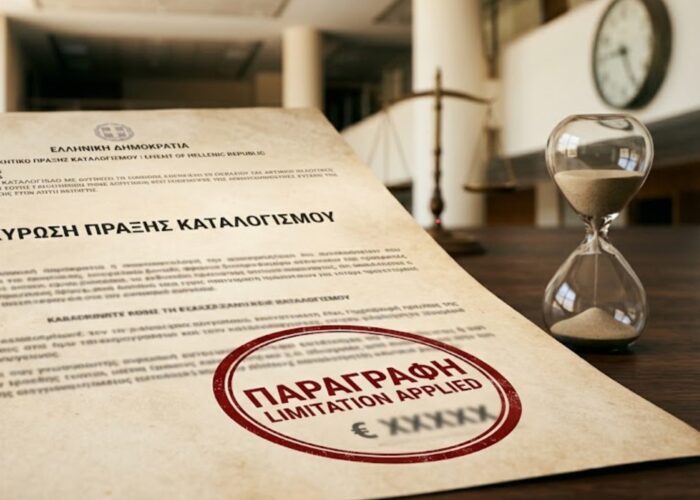 Επίσημο νομικό έγγραφο ακύρωσης πράξης καταλογισμού με έντονη κόκκινη σφραγίδα που αναγράφει "ΠΑΡΑΓΡΑΦΗ". Δίπλα στο έγγραφο βρίσκεται μια κλεψύδρα και στο φόντο η ζυγαριά της δικαιοσύνης, συμβολίζοντας τη λήξη της προθεσμίας των αξιώσεων του Δημοσίου.