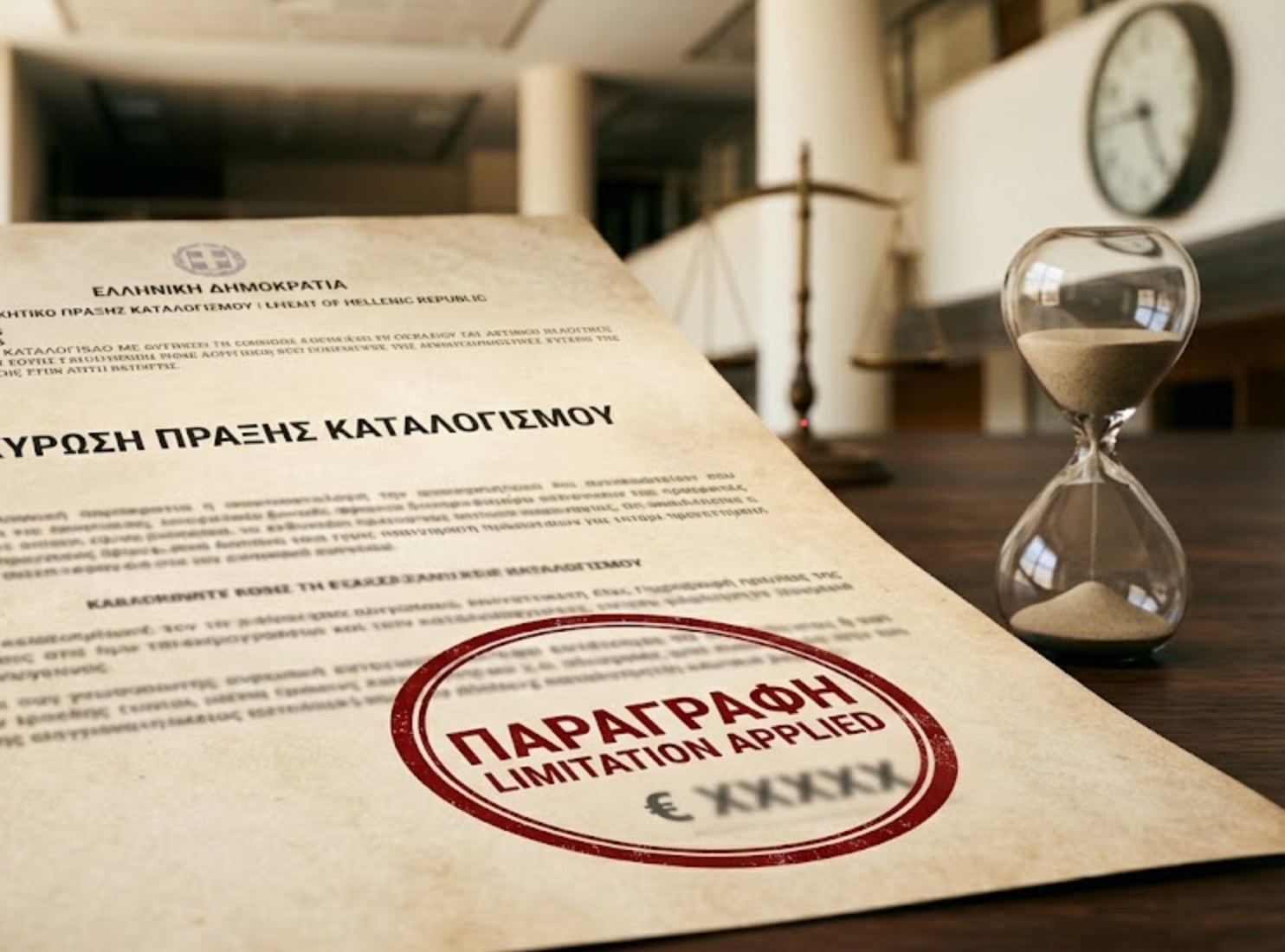 Επίσημο νομικό έγγραφο ακύρωσης πράξης καταλογισμού με έντονη κόκκινη σφραγίδα που αναγράφει "ΠΑΡΑΓΡΑΦΗ". Δίπλα στο έγγραφο βρίσκεται μια κλεψύδρα και στο φόντο η ζυγαριά της δικαιοσύνης, συμβολίζοντας τη λήξη της προθεσμίας των αξιώσεων του Δημοσίου.
